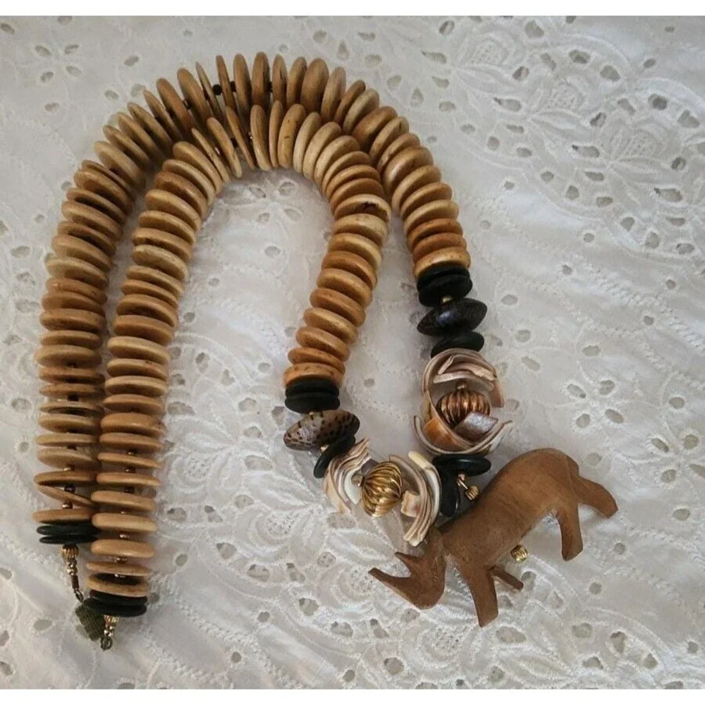 Vintage Wood Bead Disc Rhinoceros Rhino Polished Shell 24